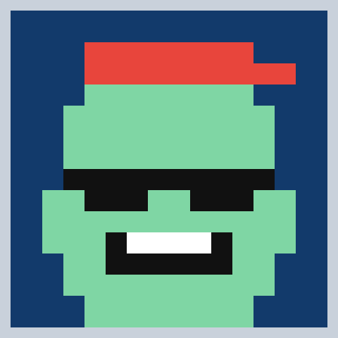 Rare Agentic Pixel: a green character with a red cap and sunglasses, in a silver frame