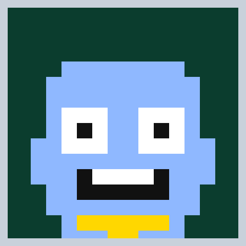 Rare Agentic Pixel: a blue character with a wide grin, in a silver frame